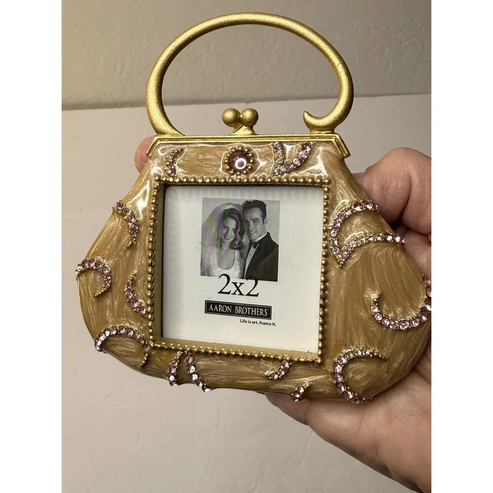 Aaron Brothers Small Picture Frame Purse Pearly Enamel Rhinestones 2x2 Photo New
